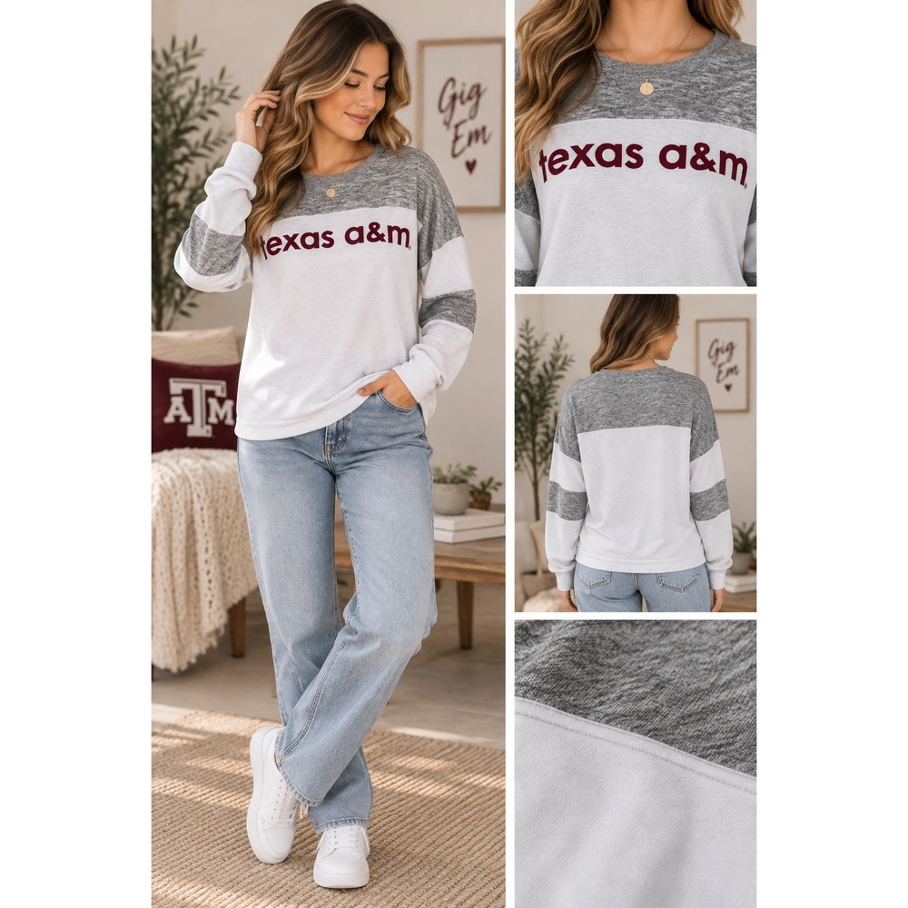 Chicka-d Texas‎ A&M Womens L Shirt Gray White Cozy Colorblock Collegiate Top